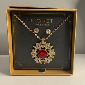 Monet gold necklace with red ruby gem and matching earrings